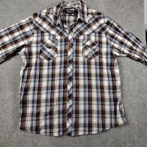 Cowboy Up Pearl Snap Shirt Men XXL Brown Plaid Long Sleeve Western Rodeo Graphic